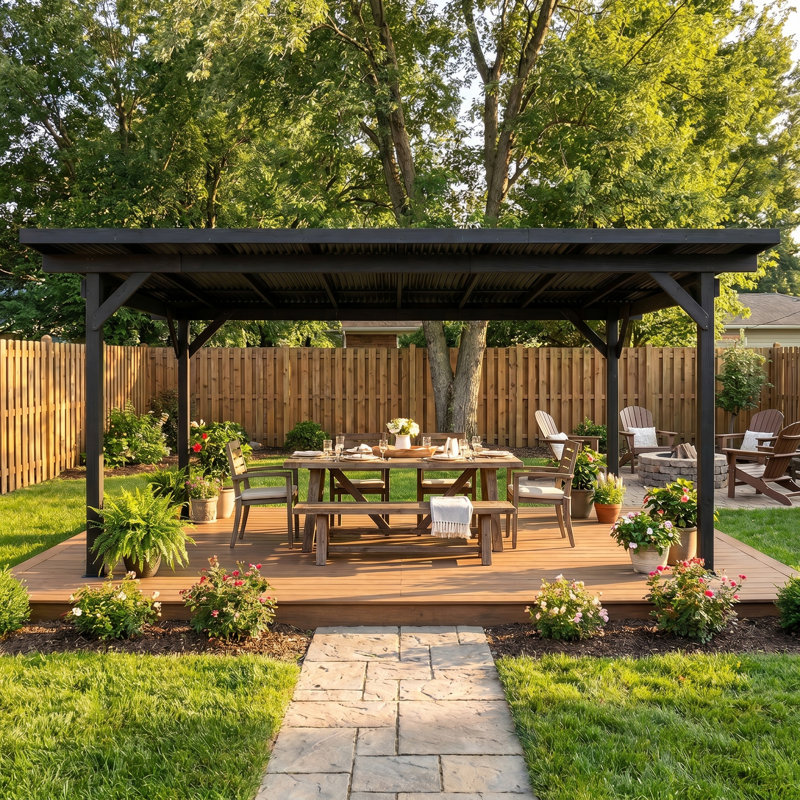 Gazebo en bois de cèdre de 117,7 po x 204,1 po avec toit rigide en PVC robuste, Noir