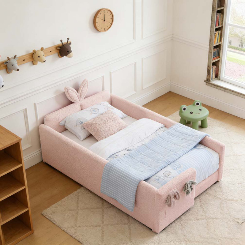 Lit plateforme tapissier simple avec tête de lit en forme d'oreille de lapin, Rose