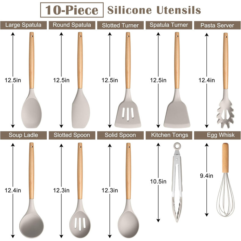 Ensemble d'ustensiles de cuisine en silicone 10 pièces avec poignée en bois, ustensiles de cuisine antiadhésifs résistants à la chaleur pour une cuisson sûre et saine