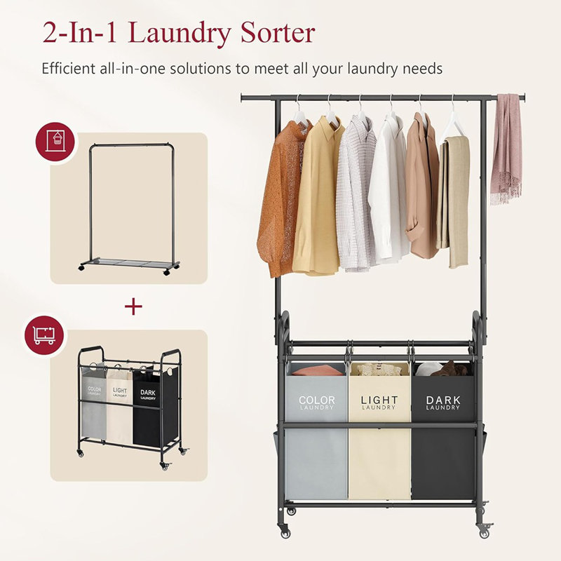 Chariot trieur de linge avec support à vêtements suspendu, 3 ...