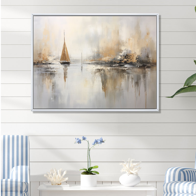 «Bold Beige and Gold Coastal Skyline I», reproduction sur toile, Cadre photo argenté, H 12 po x l 20 po
