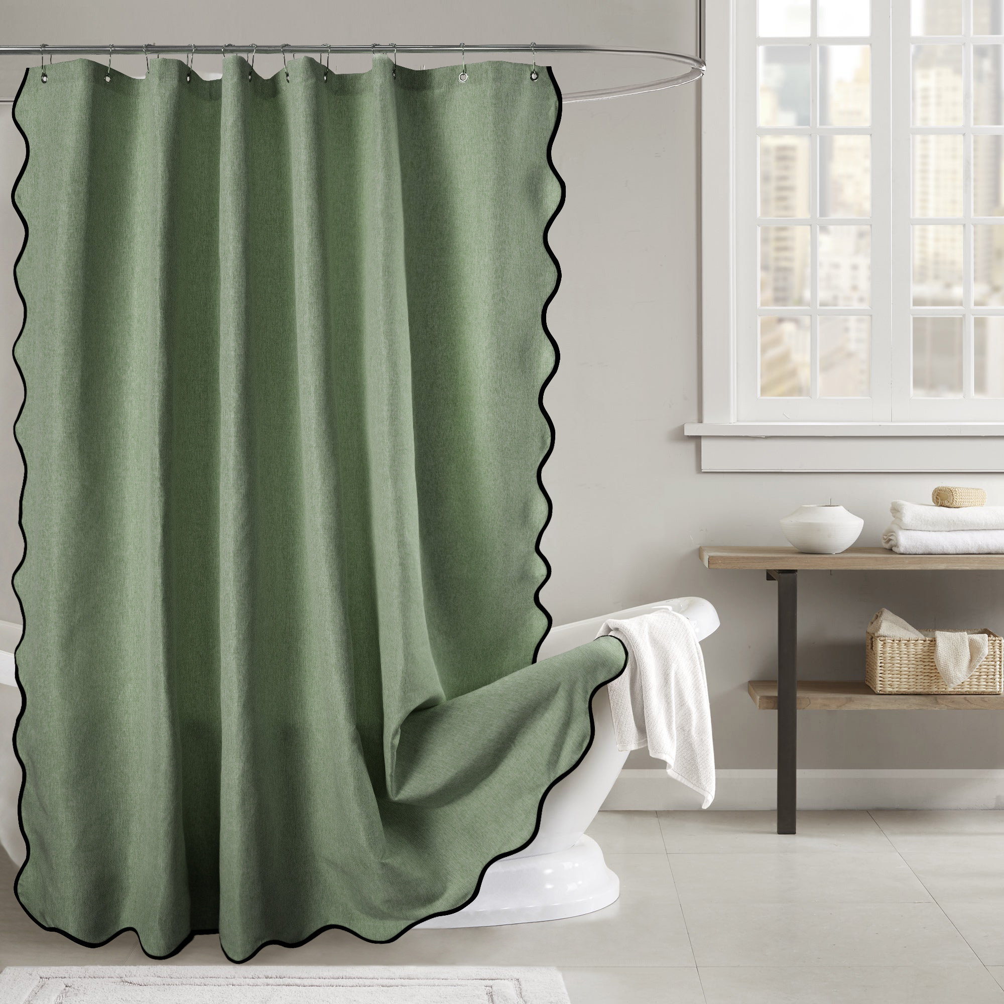 Farmhouse Linen Textured Scalloped Edge Shower Curtain, 84" H x 72" W, Sage