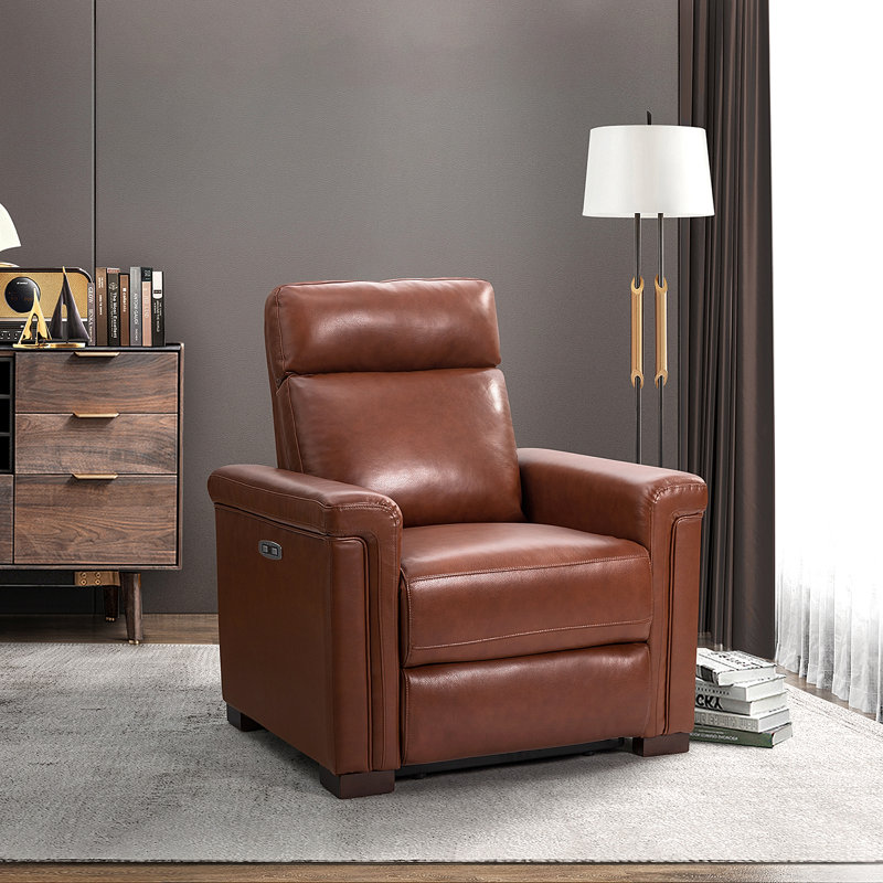 Fauteuil inclinable électrique en cuir véritable l 36,02 po Westdale avec pieds en bois massif, Brun