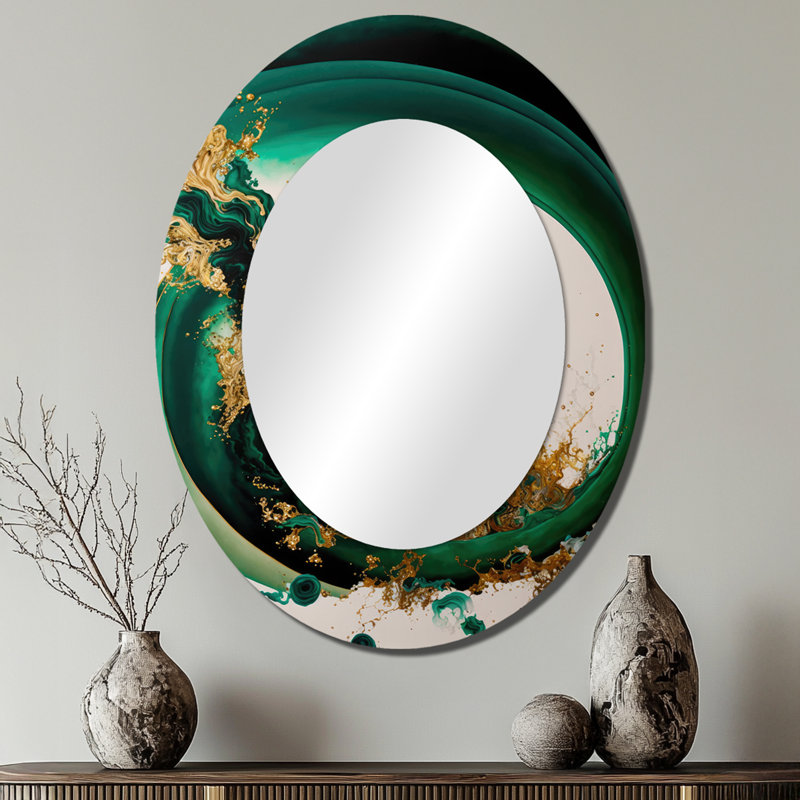 Pazley Emerald Green And Gold Abstract Waves II - Abstract Spirals Mirror, Green Decorative Wall Mirror, Printed Metal Art