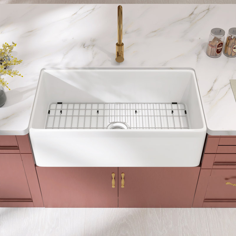 Fireclay 33 x 18 White Farmhouse Kitchen Sink Apron Front  Farm Sink Single Bowl with Grid & Basket Strainer