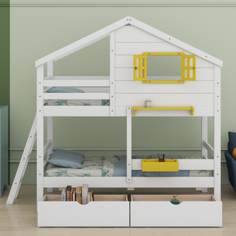Bunk Bed With 2 Drawers, 1 Storage Box, 1 Shelf, Window And Roof, White