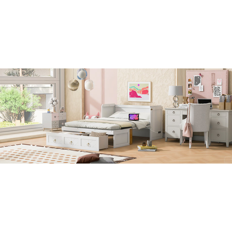 Lit escamotable double avec port USB et grand tiroir, Lit double