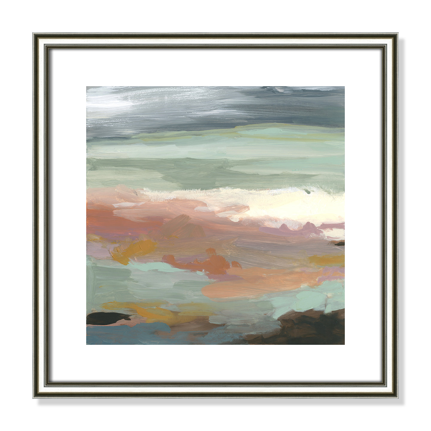 Bingham "Ocean Bluffs" Painting by Carol Robinson, 18.25" H x 18.25" W, Picture Framed Paper, White Wood