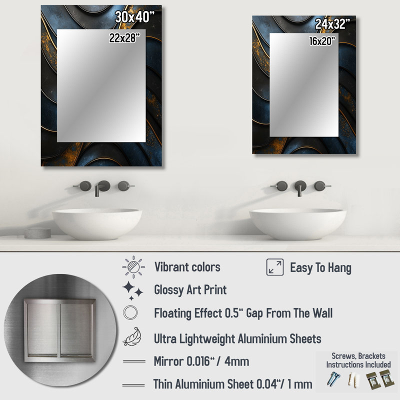 Fractal Aqua Drift Of Marble II - Transitional Decorative Wall Mirror, Gold Large Mirror, Printed Metal Art, 32" x 24"