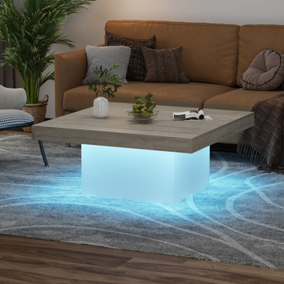 Square Coffee Table with Led Lights, Mid-Century Modern Small Accent Center Table for Living Room, Home Office, Apartment, Reading Room, Grey