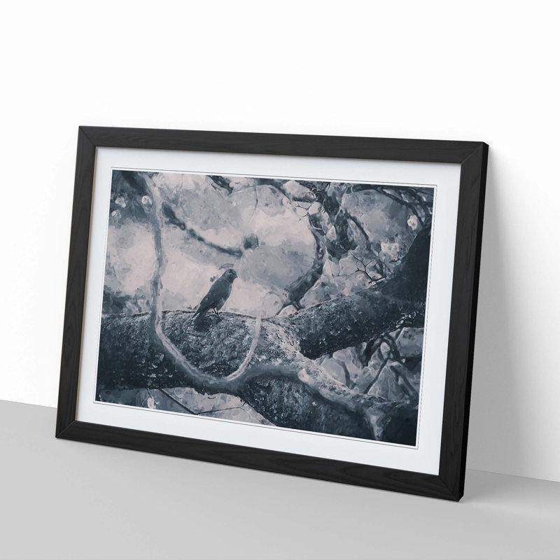 Bird on the Tree in Abstract - Picture Frame Graphic Art Print, 48cm H x 65cm W x 2cm D, Black Framed