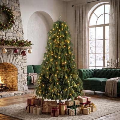 6ft/7.5ft Pre-Lit Norfolk Pine Artificial Christmas Tree with Warm White LED Lights, Realistic PE Branches and 8 Lighting Modes