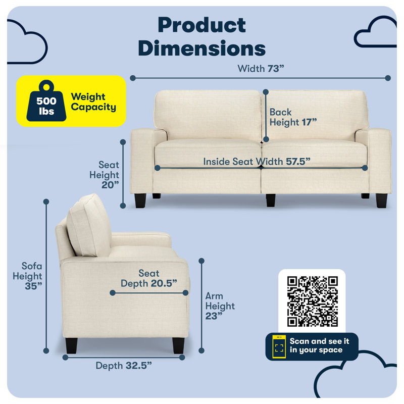Serta Palisades 73" Track Arm Sofa, Easy Care Fabric, Soft Pillow Back, Pocket Coil Seat Cushions, Buttercream Polyester