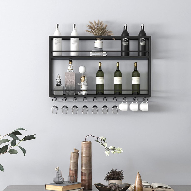 Support à vin industriel mural, étagère à bouteilles de vin en bois à 2 niveaux avec porte-verres à pied, support à verres à vin noir et support à vin multifonctionnel pour la cuisine de la salle à manger (31,4 x 7,8 x 26 po)