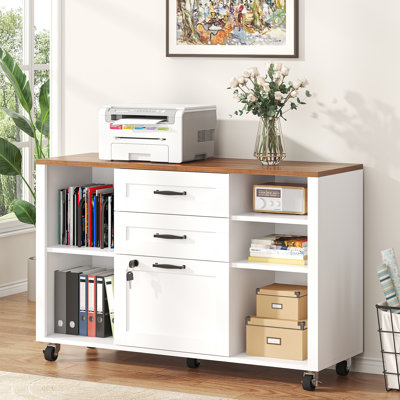  Classeur latéral en bois 3 tiroirs avec serrure, classeur mobile à roulettes avec tablettes de rangement ouvertes, support à imprimante