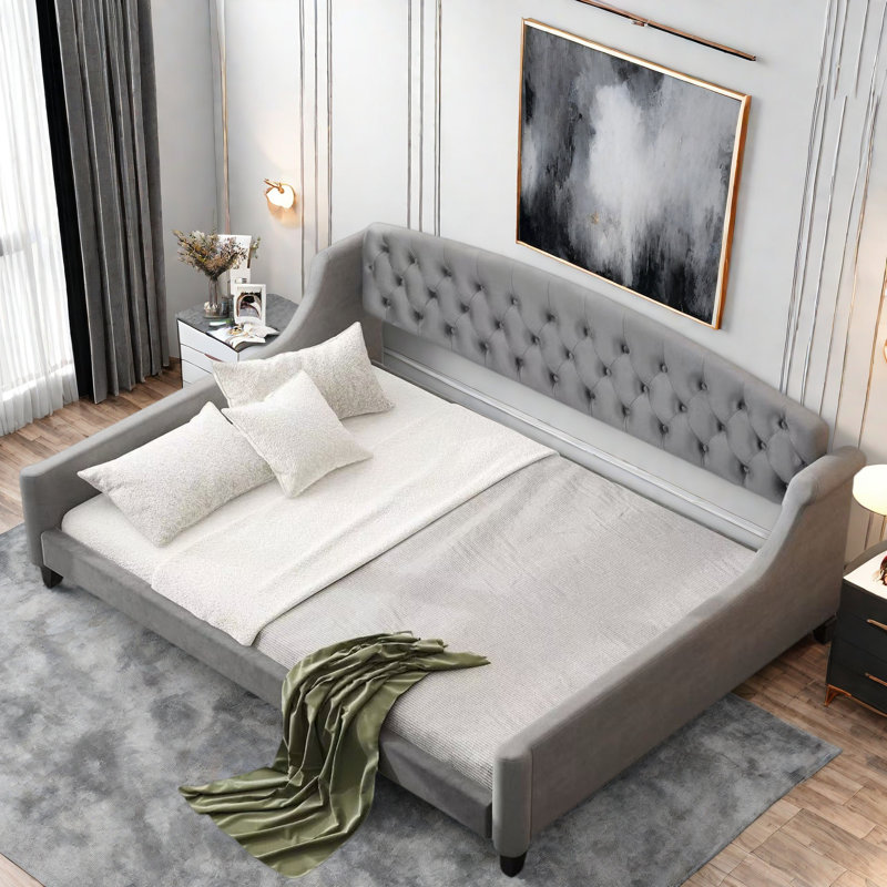 Lit de jour moderne avec bouton capitonné et pieds solides, Gris