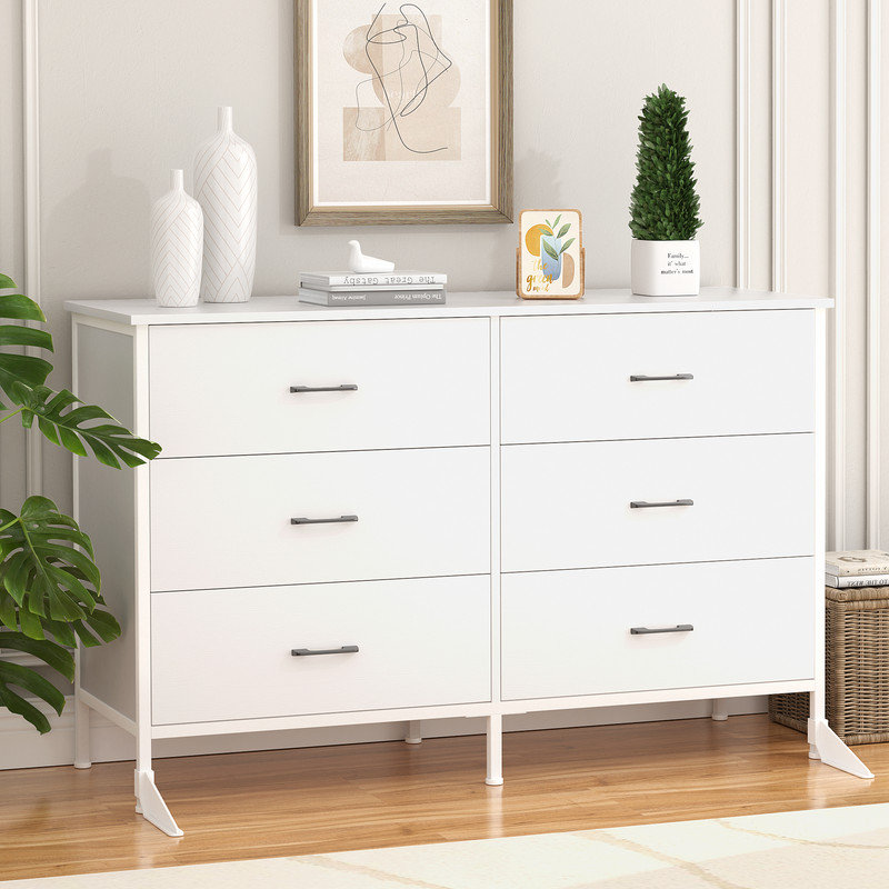 Commode 6 tiroirs pour chambre à coucher, commode 47,3 po avec dispositif anti-chute et acier, blanc, Blanc