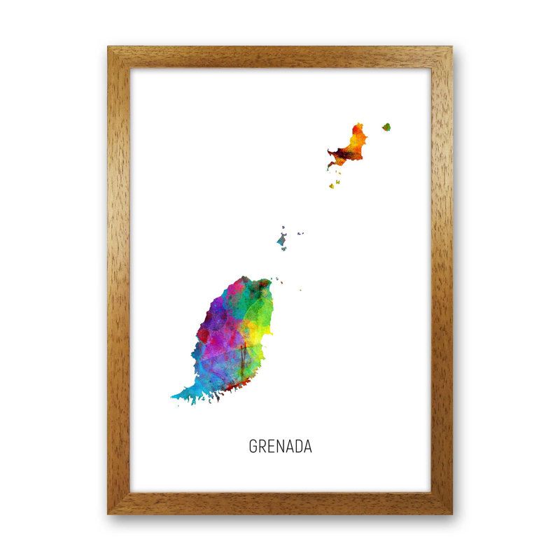 Grenada Watercolour Map by Michael Tompsett - Print, 88cm H x 64cm W x 3cm D, Brown Framed