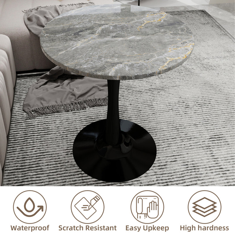 Marble-Top Round Side Table With Tapered Pedestal Base, Ideal For Living Room, Modern Minimalist Design, Dark Gray, Black