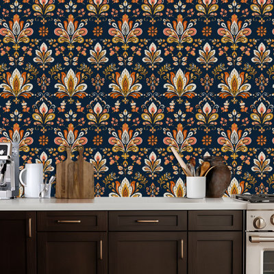 Peel and Stick Wallpaper Floral Ornate Botanical Design Navy Warm Tones Contact Paper Removable Self Adhesive Wall Mural Wall Decor for Bedroom Kitchen Cabinets 17.7in x 118in
