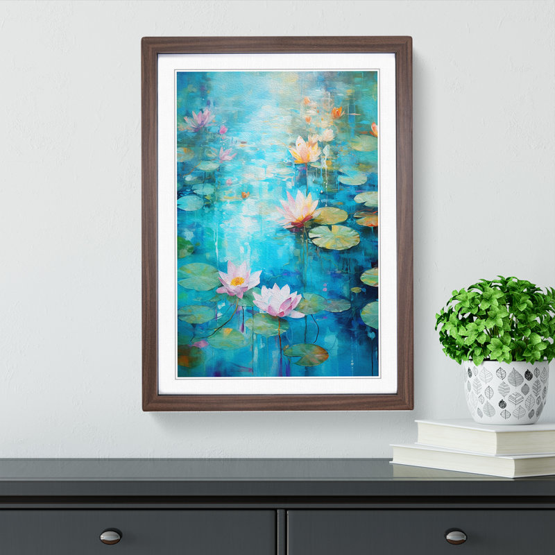 Water Lily Pond Abstract Art - Framed Print, 34cm H x 25cm W, Walnut Framed