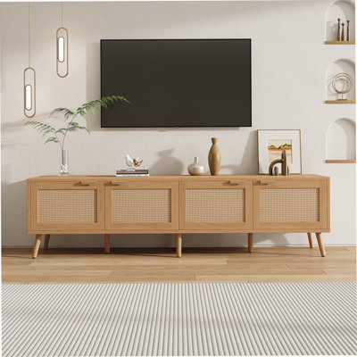 Meuble télé 70 po pour téléviseur de 80 po ou moins, console multimédia avec 4 portes en rotin pour le salon