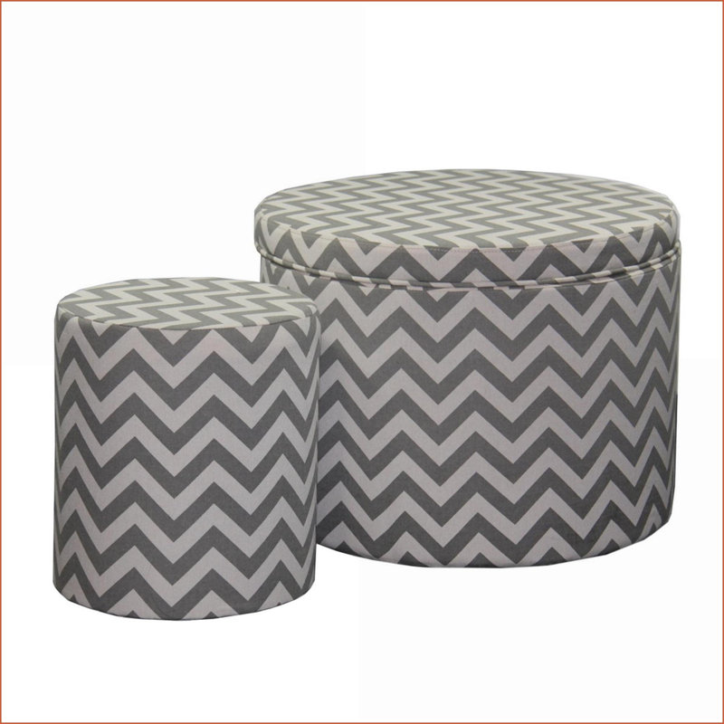 Ottoman, Charcoal Gray Round Chevron Storage with 1 Seating | Grey | Wood