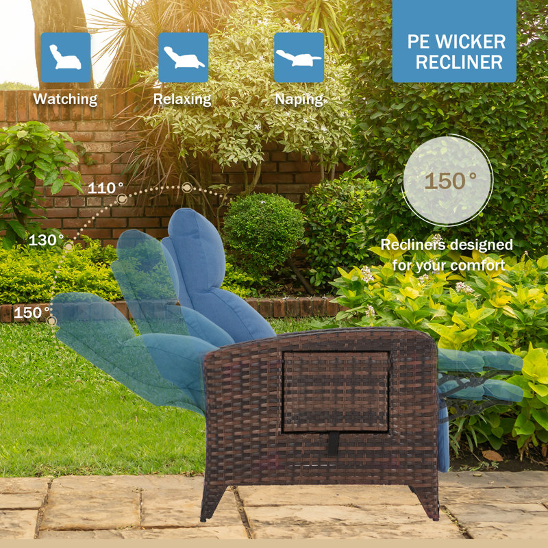Fauteuil inclinable d'extérieur en osier avec table Dasai, Bleu, Brun
