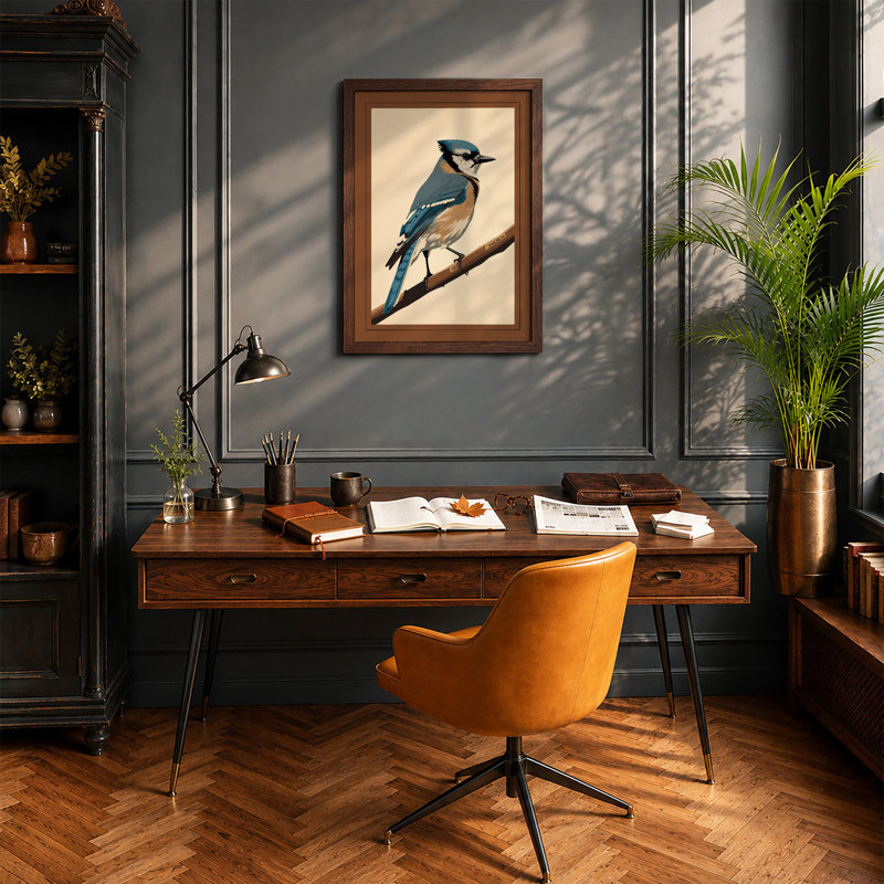 Blue Jay On Branch Botanical - Print, Walnut, A3 - 42.0 x 29.7 cm