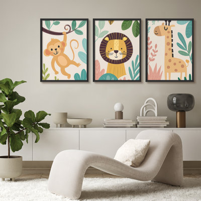 Safari, ensemble d'art mural encadré de 3 animaux - lion singe de la jungle et girafe pour décor de chambre d'enfant ou de salle de jeux