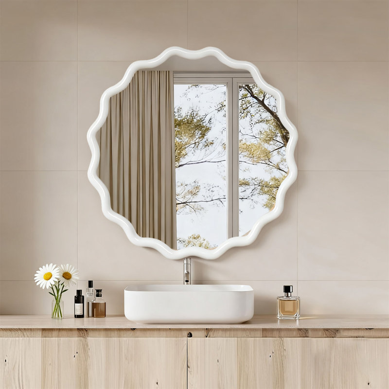 Miroir décoratif rond blanc en bois massif ondulé 30 pouces, Blanc, 30 po x 30 po