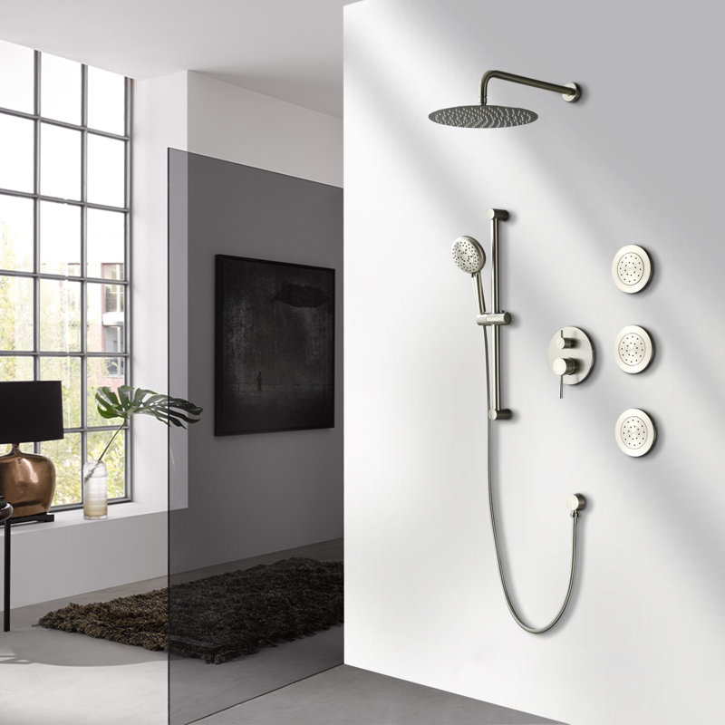 Ensemble de douche à pluie murale avec valve brute, Nickel brossé