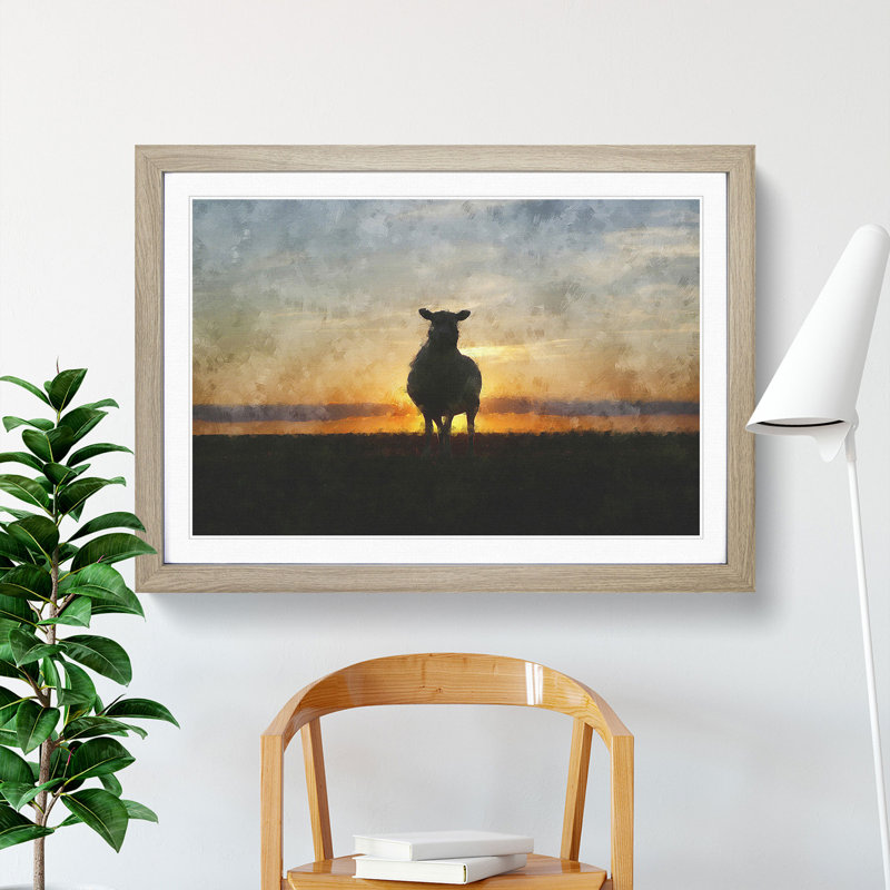 Sunset and Sheep - Picture Frame Painting, 48cm H x 65cm W x 2cm D, Oak Framed