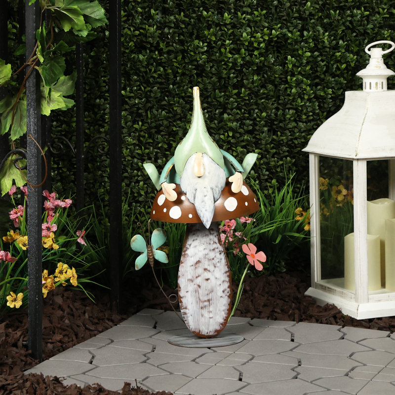20"H Metal Gnome Iron Décor with Mushroom for Garden & Lawn