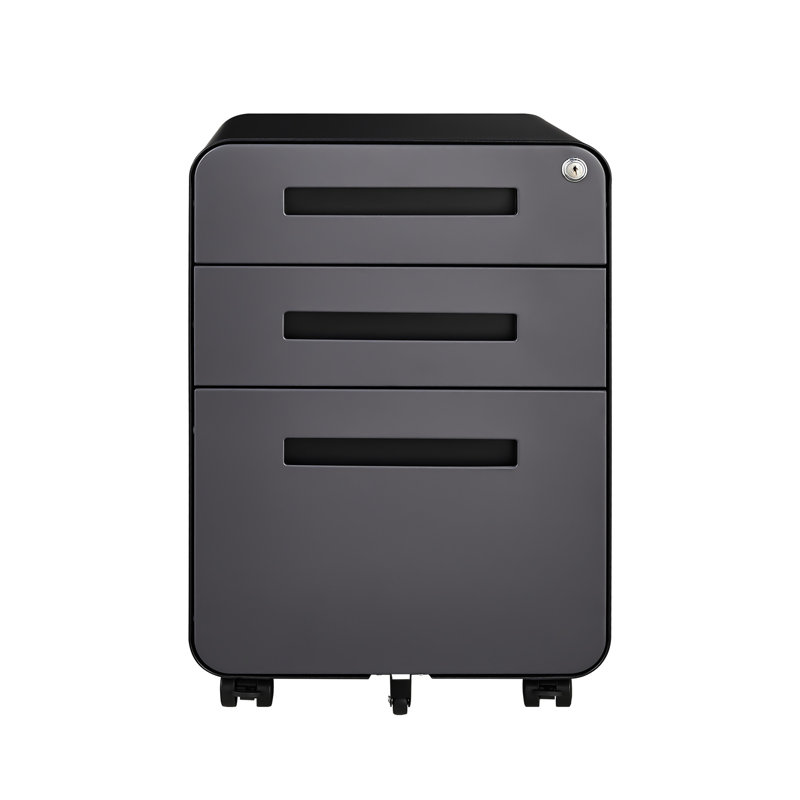 Pavnesh Modern Mobile Filing Cabinet With 3 Drawers, Dark Grey Metal Construction, 5 Utility Wheels  2 Locking , Lockable 2 Keys, Removable Pencil Tray, Hanging Bar For Various File Sizes, Full - Extension