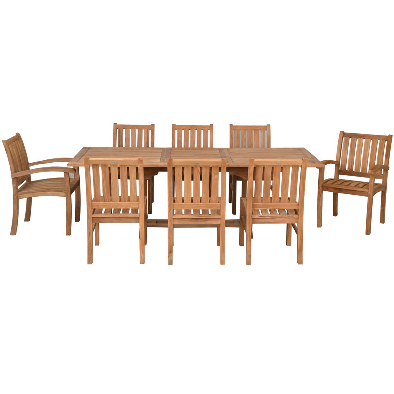 9 Piece Teak Wood Dining Set Including Rectangular Extension Table With 2 Abacho Arm And 6 Side Chairs