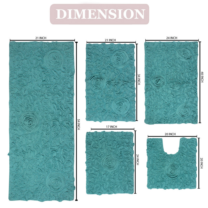 Freida Plush floral Complete Bath Rug set (Set of 5), Turquoise