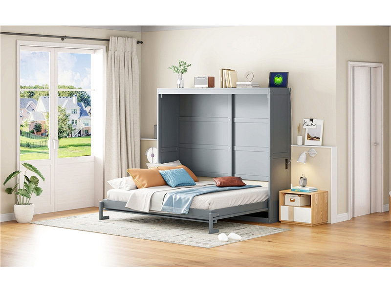 Lit escamotable en bois, Gris, Lit double