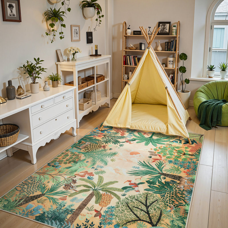  Boho Jungle Animal Print 5 x 7 Area Rugs for Living Room, Soft Beige Rug for Bedroom, Non-Slip Washable Rugs for Dining Room Office