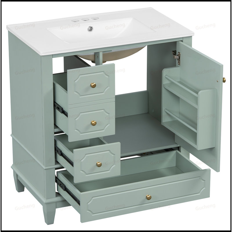 Meuble-lavabo autoportant à 3 tiroirs avec lavabo, Vert clair