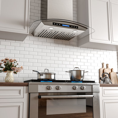 800 CFM Ducted Wall Mount Range Hood 4 Speed Quiet Stainless Steel and Tempered Glass Remote and Touch Panel Control with LED Lights