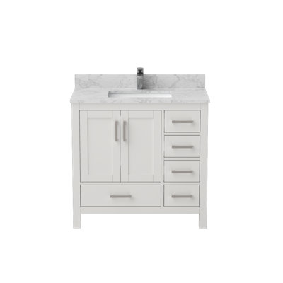 Meuble-lavabo de salle de bain 35 po, armoire de salle de bain autoportante en bois avec lavabo et trou de robinet en blanc