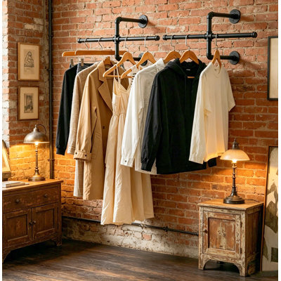 Wall Mounted Clothes Rack, Industrial Pipe Clothing Rod, Heavy Duty Wall Garment Hanging Bar for Closet, Bedroom, Laundry Room, Black (2 Pack)