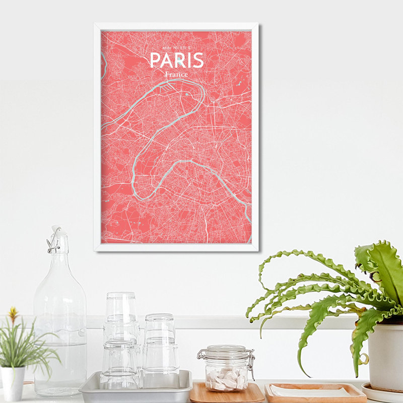 Carte de Paris, impression nautique, H 27,6 po x l 19,7 po x P 0,05 po, Rose / bleu pastel