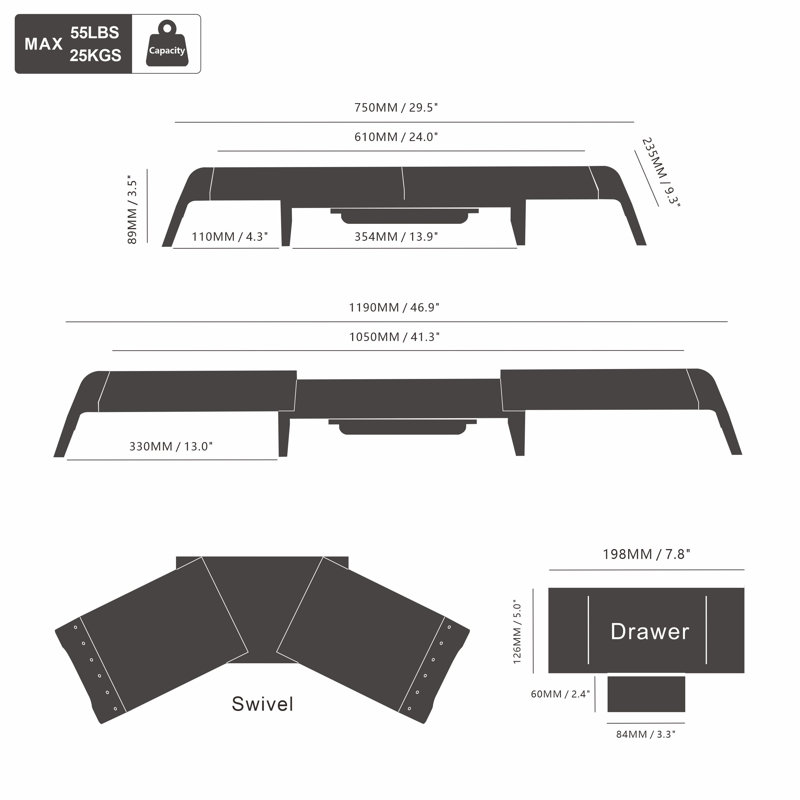 Support pour écran double Fenge, H 3,5 po x l 46,9 po x P 9,3 po, Noir