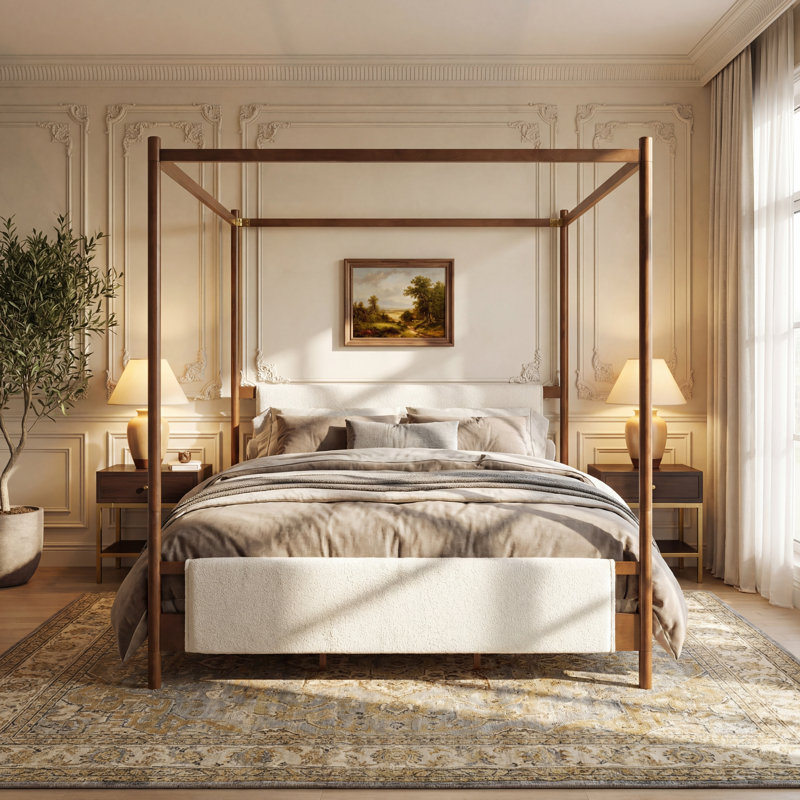 Easton Modern Boucle Upholstered 4-Post Canopy Bed Frame with Solid Wood Legs, Padded Headboard and Footboard