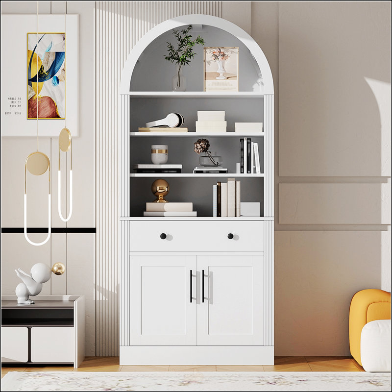 Bibliothèque arquée avec armoire de rangement, bibliothèque haute avec tablettes réglables pour un décor moderne, Blanc