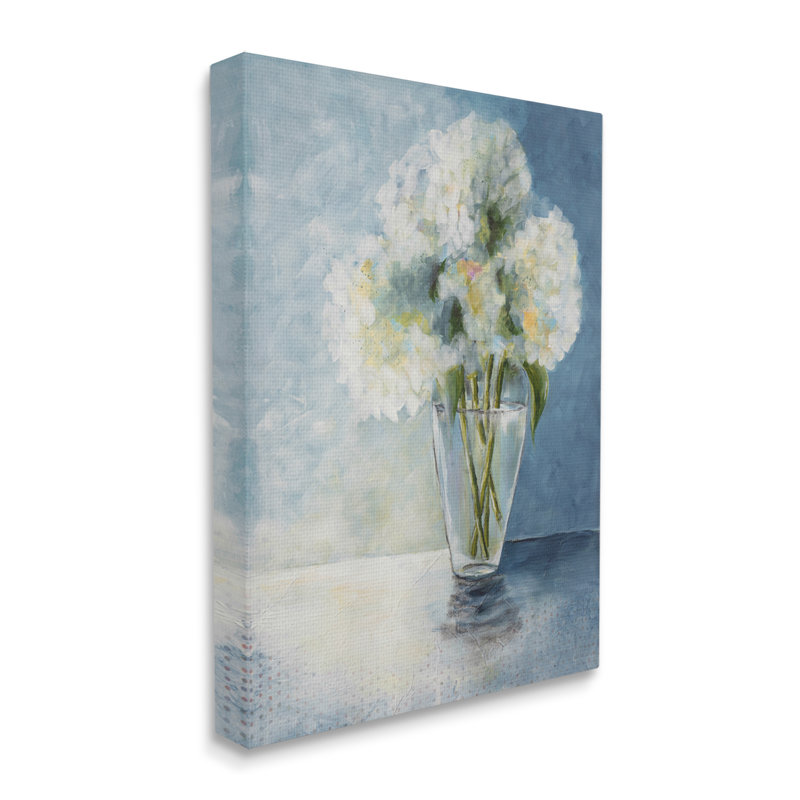 Illustration de vase de table en verre d'hortensias blancs par Doris Charest - Peinture, Toile tendue