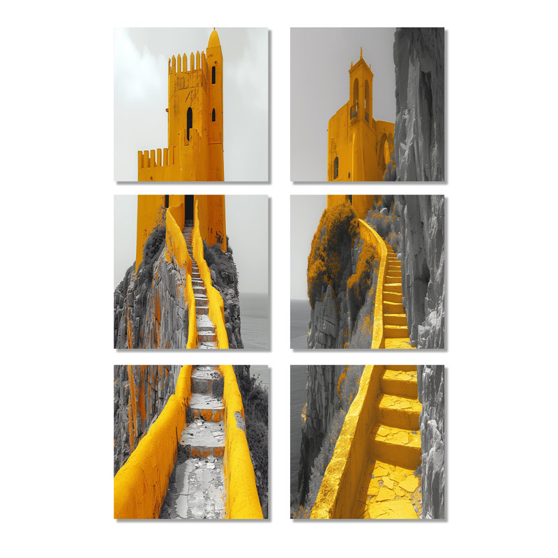 Ensemble de 6 décorations murales monochromes jaune et gris de l'ancienne citadelle Fortress, Wrapped Canvas