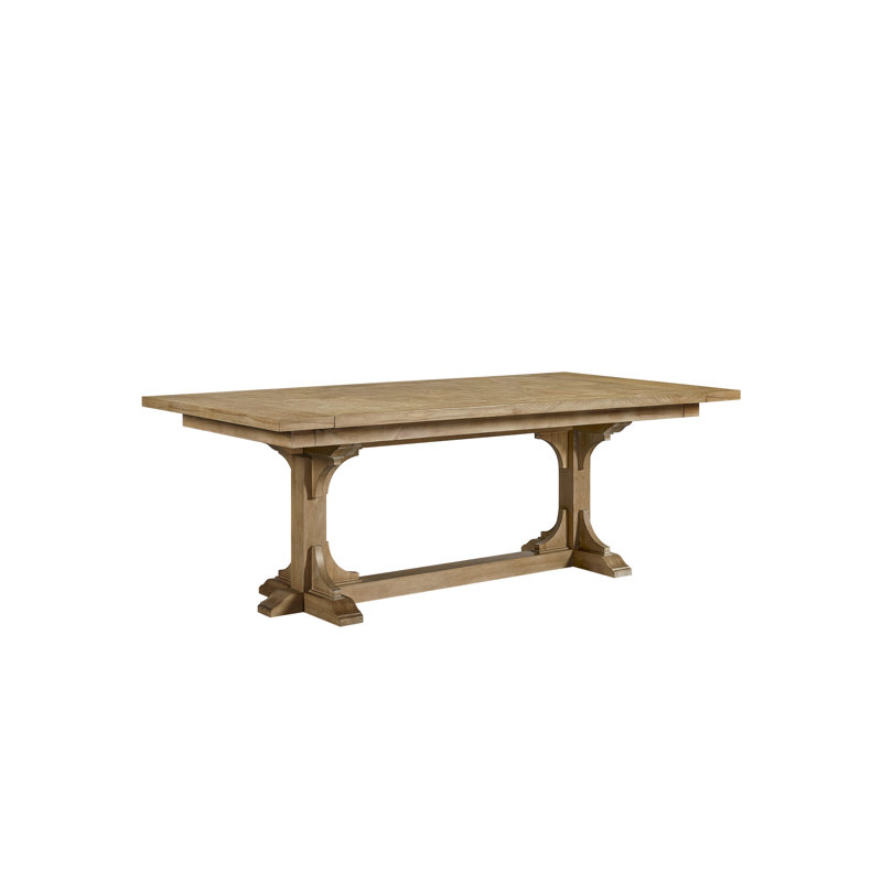 Cashew Trestle Table, 84" To 114" Extension, Geometric Veneer Design, Veneers In Warm Finish, Solid Wood + , 44" Wide, 30" High, 229 Lb Table Tabletop, Length Extends 114", Veneers, Width, Height,